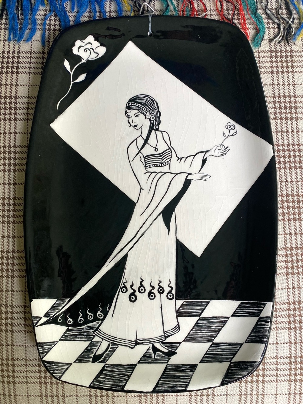 Black & White Ceramic Wall Art Plaque with Elegant Woman Motif